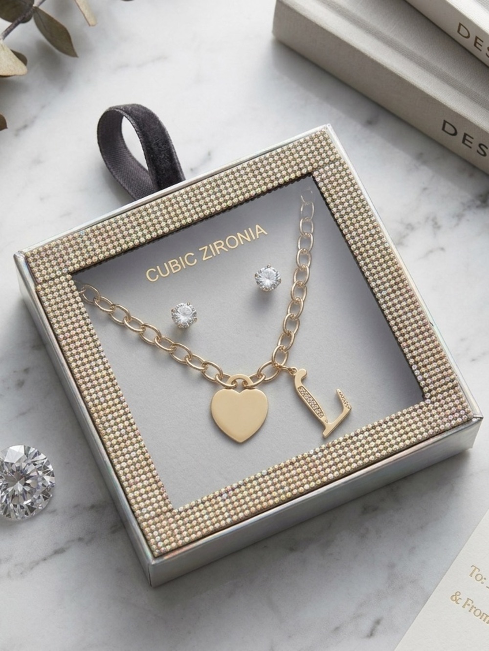 Gold Cubic Zirconia Heart & 'L' Pendant Necklace Set